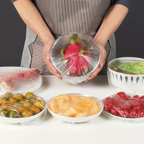 100pcs Food Storage Elastic Covers – Disposable Plastic Wrap Lids for Bowls & Plates