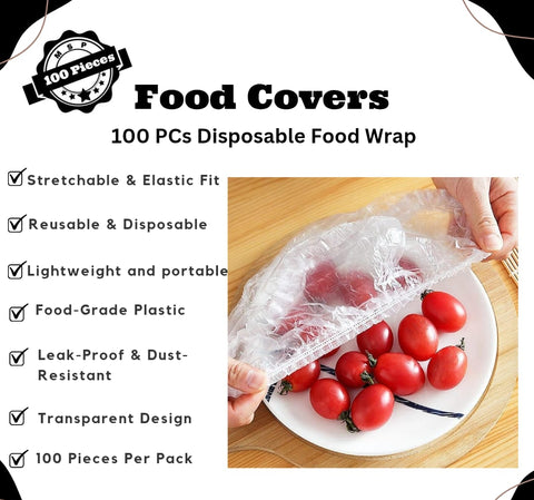 100pcs Food Storage Elastic Covers – Disposable Plastic Wrap Lids for Bowls & Plates