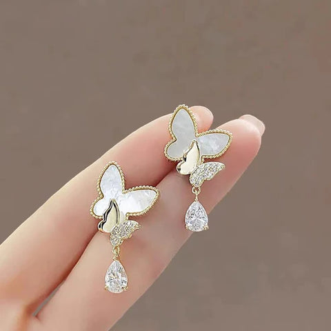 Elegant Double Butterfly Pearl Drop Earrings ✨🦋