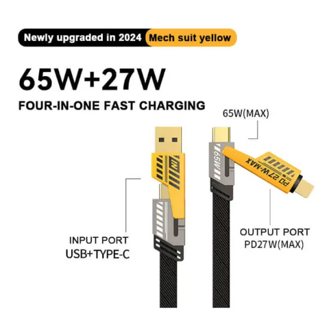 4-in-1 Fast Charging Data Cable (Pack of 2) | USB-C & Lightning – Black/Yellow