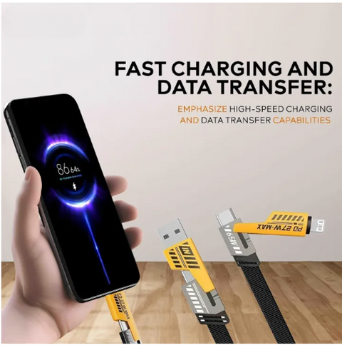 4-in-1 Fast Charging Data Cable (Pack of 2) | USB-C & Lightning – Black/Yellow